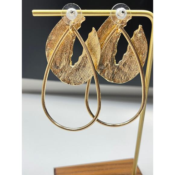 Modernist Gold Teardrop Drop Earrings Organic Open Hoop Dangle Boho Chic - Picture 3 of 5